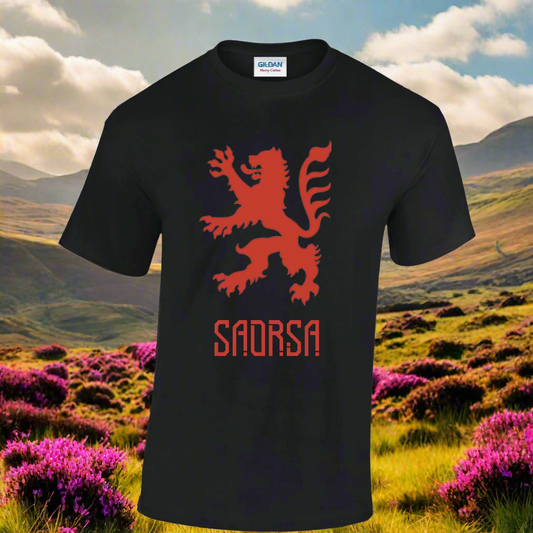 Saorsa T-shirt with Lion Rampant design, with bold text.