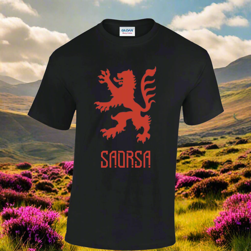 Saorsa T-shirt with Lion Rampant design, with bold text.