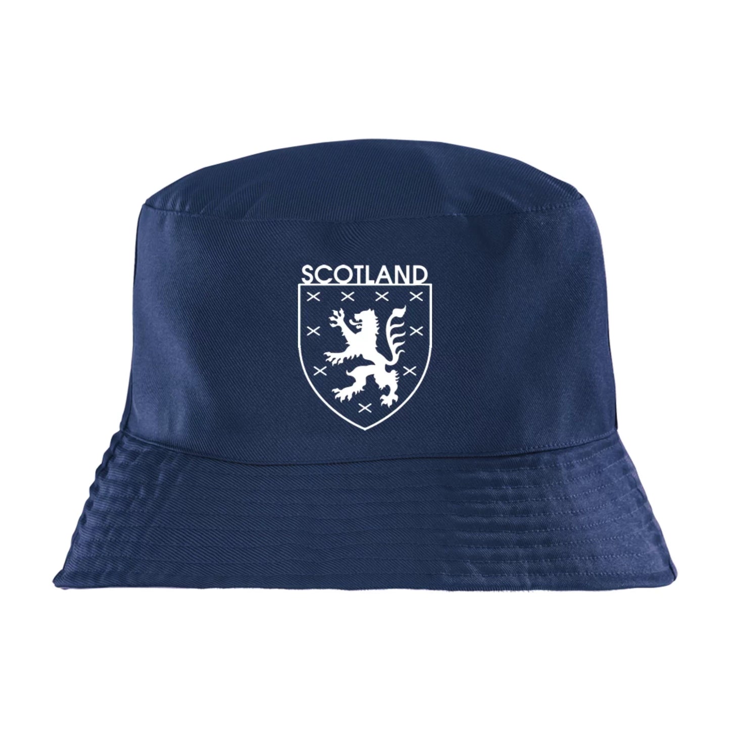 Navy bucket hat with Scottish lion emblem and 'Scotland' text on a white background, for the World Cup 2026.