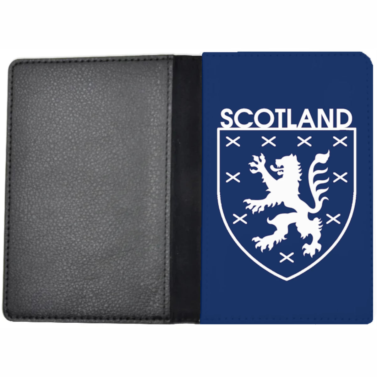 Scotland World Cup 2026 merchandise passport holder front image, with a lion emblem on a blue and white background.