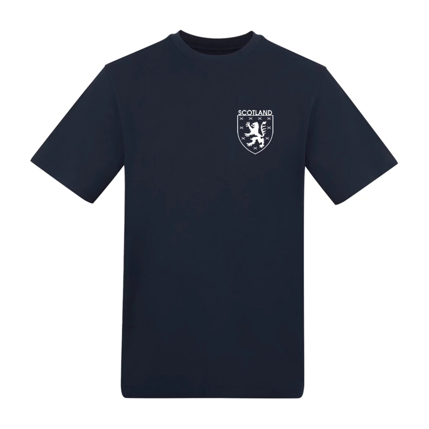 French navy blue Scotland world cup 2026 t-shirt, with white scottish emblem on the front.