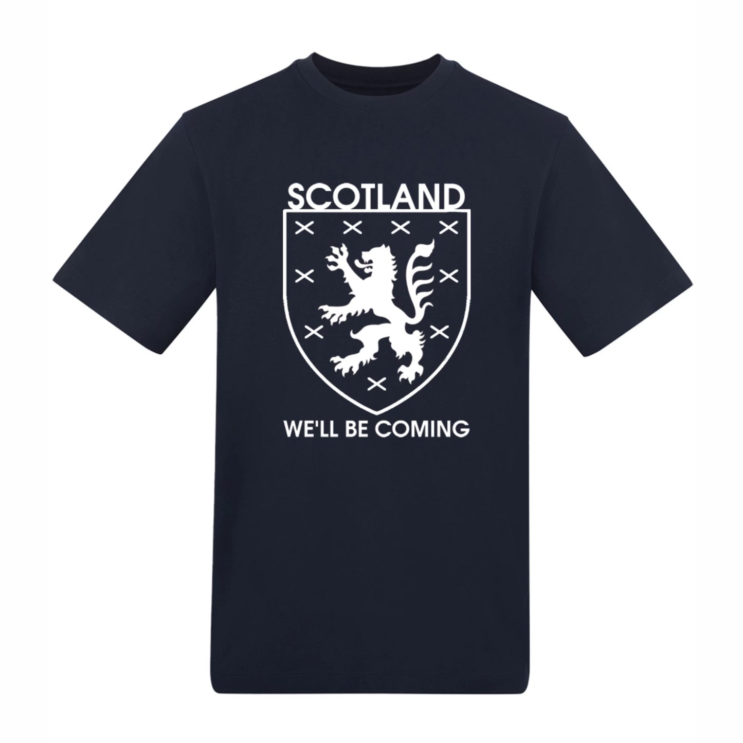 Navy t-shirt with a white Scottish lion emblem and text on a white background