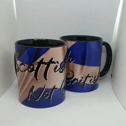 Pair of Scottish Not British Mug, Saltire with writing text on it.