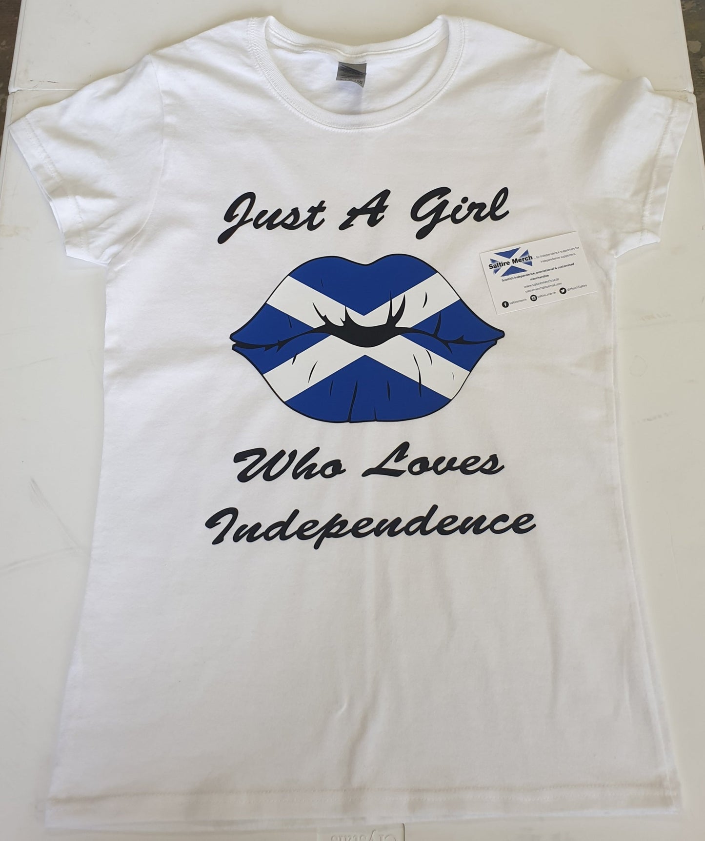 White scottish independence T-shirts with a saltire on lips and just a girl who loves independence in text over the t-shirt