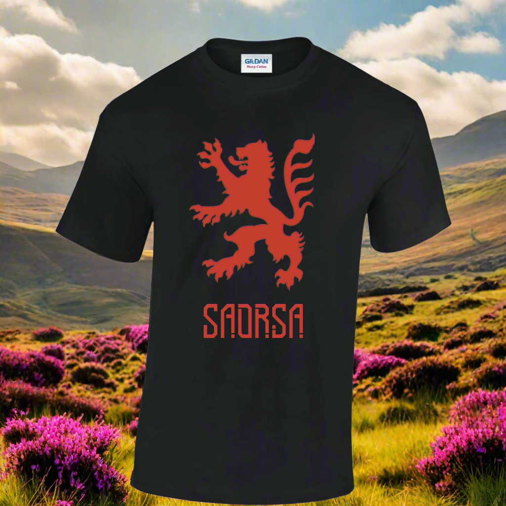 Saorsa T-shirt  with Lion Rampant design, with bold text.