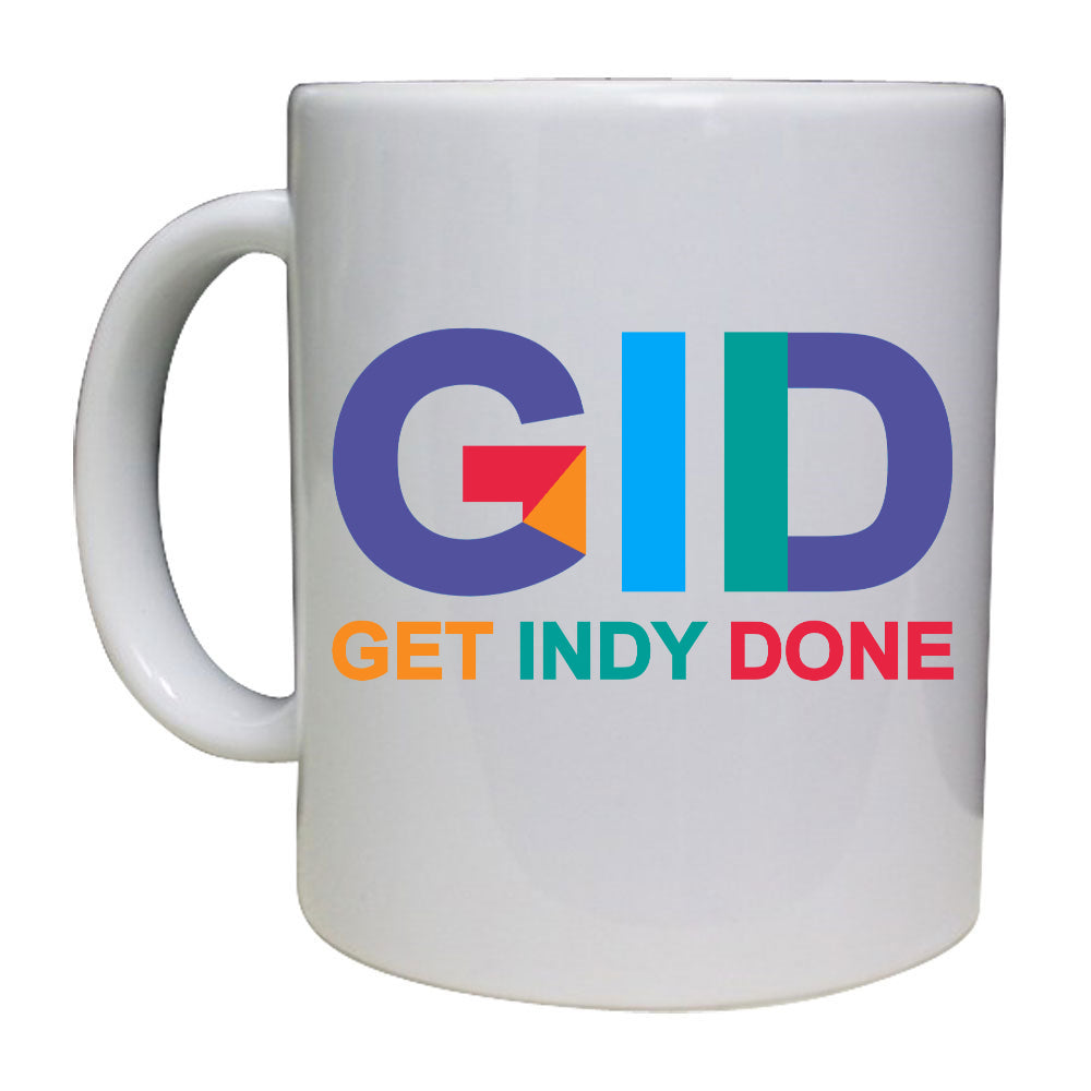 Mehrfarbige Tassen „Get Indy done“.
