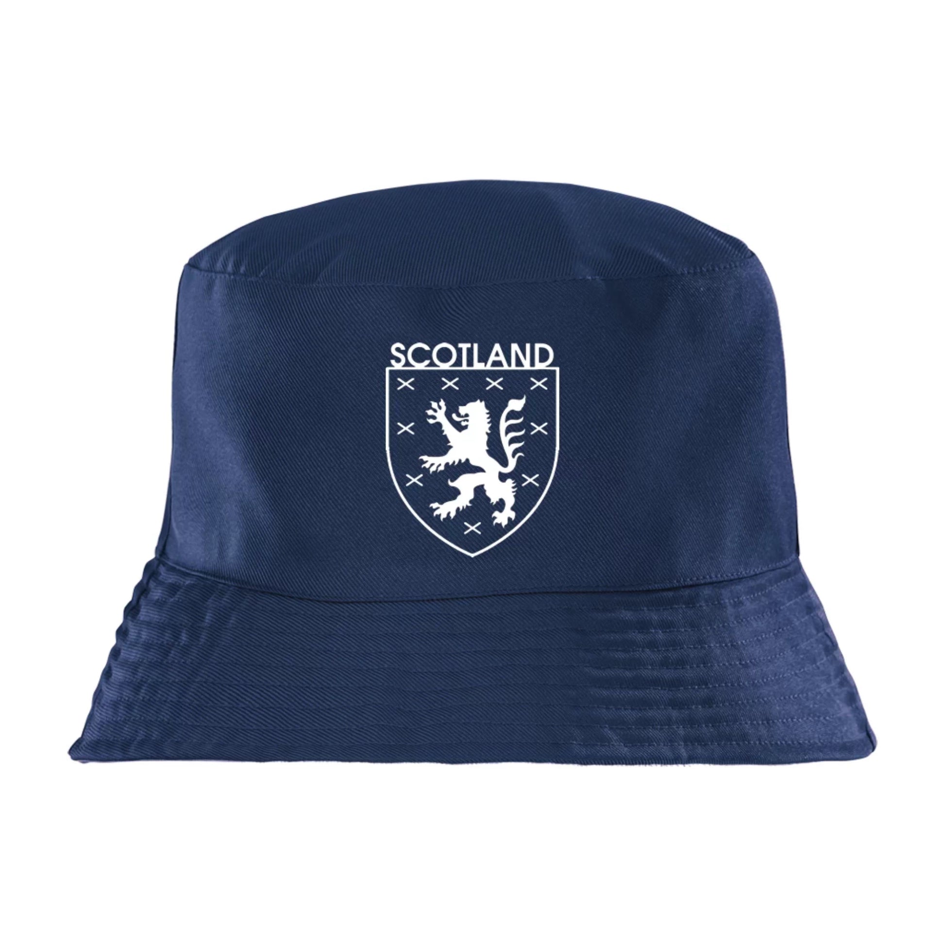 Navy bucket hat with Scottish lion emblem and 'Scotland' text on a white background, for the World Cup 2026.