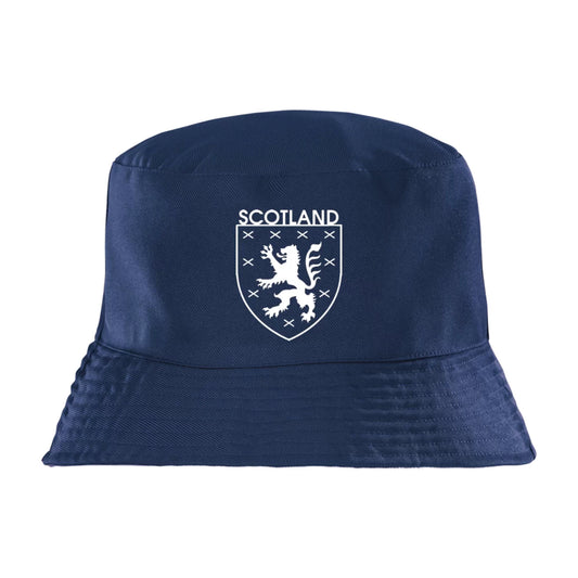 Navy bucket hat with Scottish lion emblem and 'Scotland' text on a white background, for the World Cup 2026.