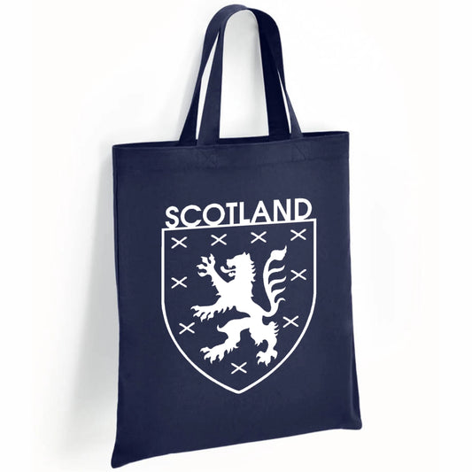 Navy tote bag with white 'Scotland' text and lion emblem on a white background