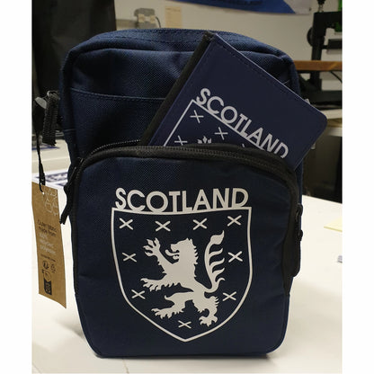 Scotland World Cup 2026 merchandise overbody cross bag with passport holder, with a lion emblem on a blue and white background.
