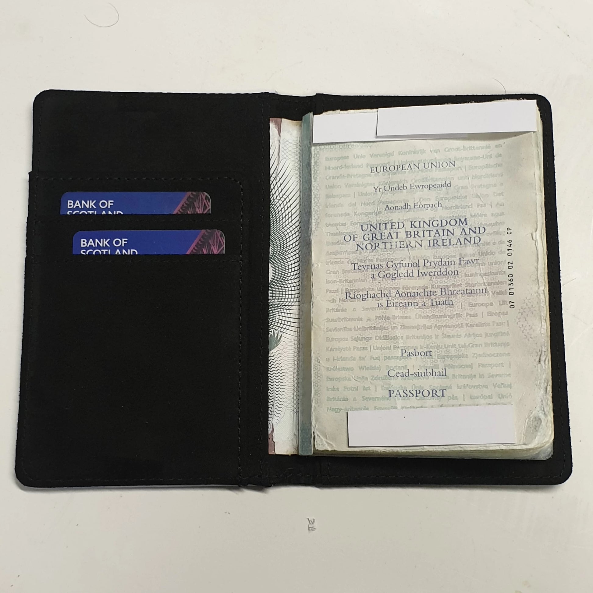 Scotland World Cup 2026 merchandise, passport holder with black inside cover and passport and bank cards.