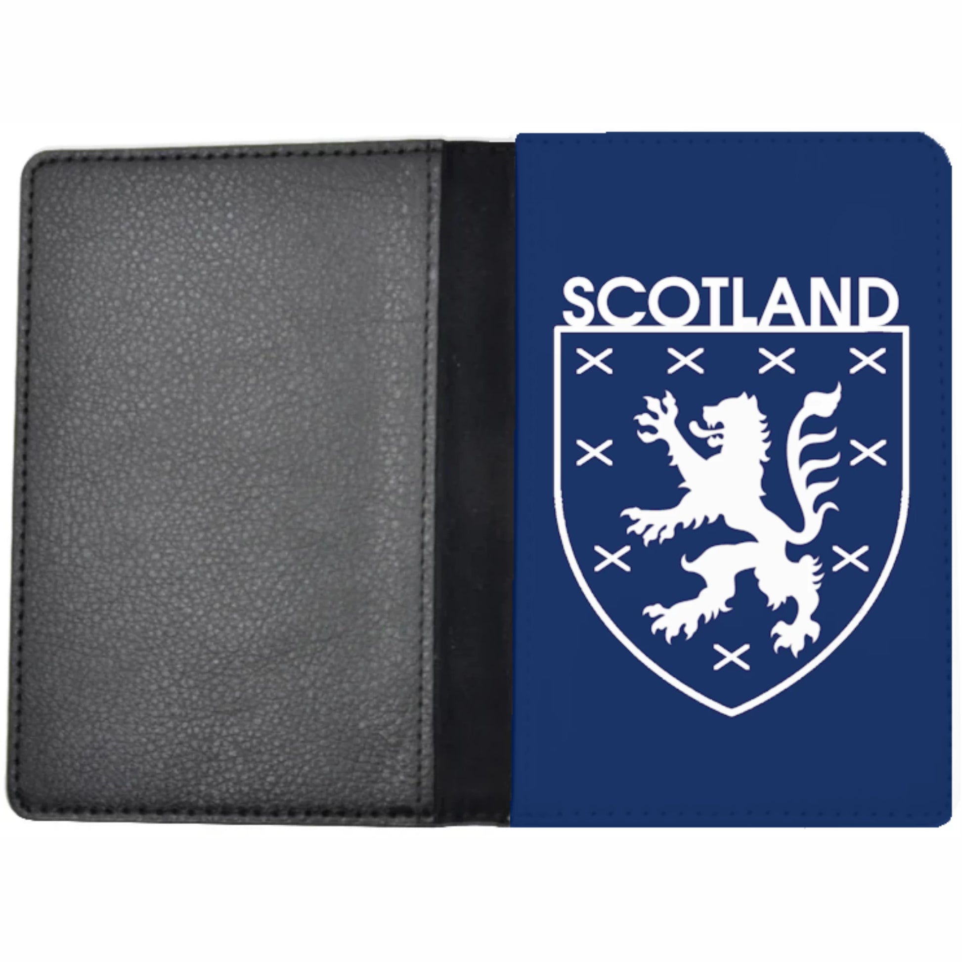 Scotland World Cup 2026 merchandise passport holder front image, with a lion emblem on a blue and white background.
