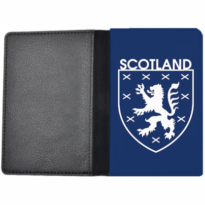 Scotland World Cup 2026 merchandise passport holder front image, with a lion emblem on a blue and white background.