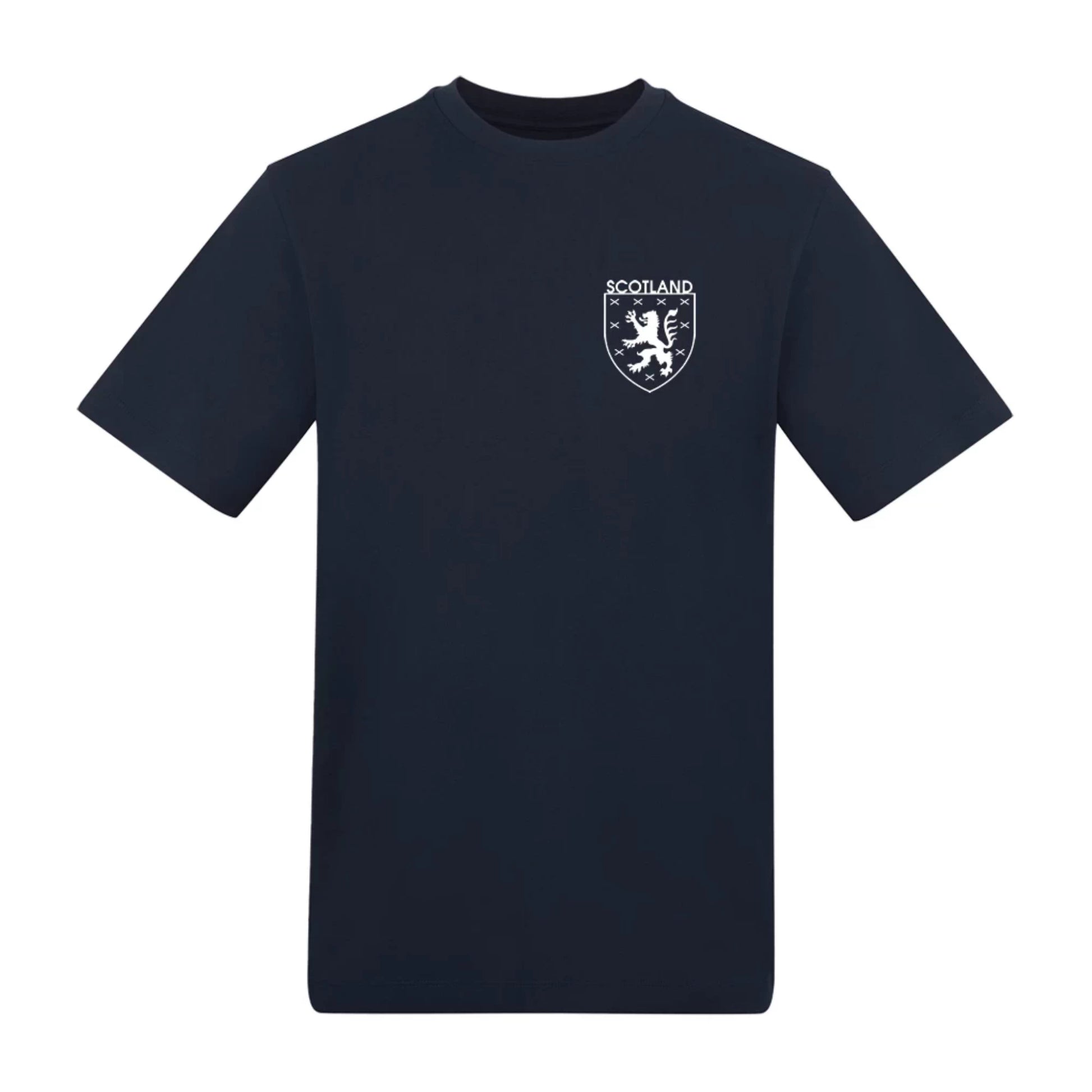 French navy blue Scotland world cup 2026 t-shirt, with white scottish emblem on the front.