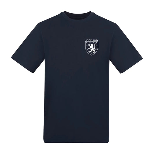 French navy blue Scotland world cup 2026 t-shirt, with white scottish emblem on the front.