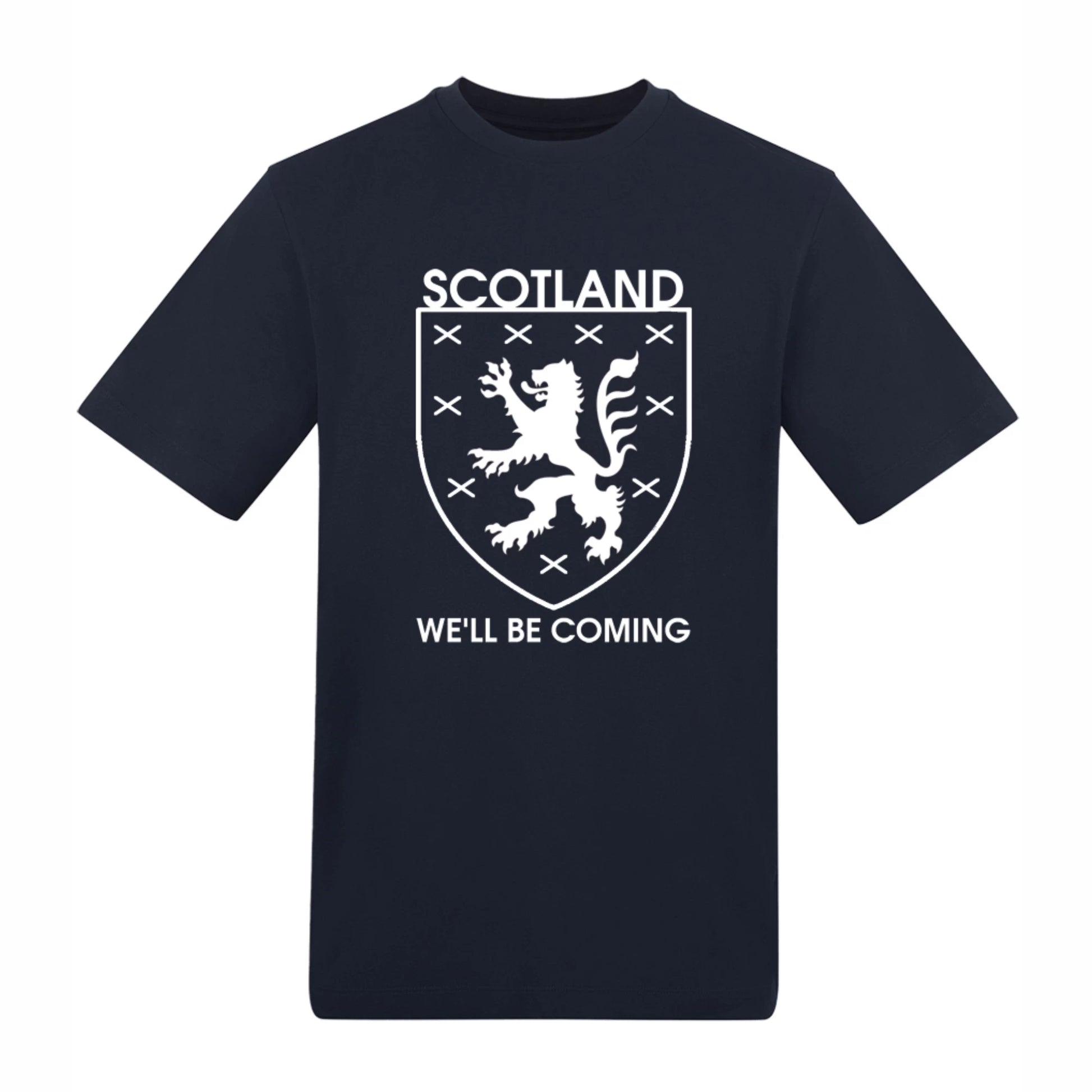 Navy t-shirt with a white Scottish lion emblem and text on a white background